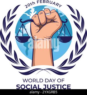 Welttag der sozialen Gerechtigkeit Vektorzeichen mit Hand gezeichnet von Hand, die Waagen der Gerechtigkeit hält Stock Vektor