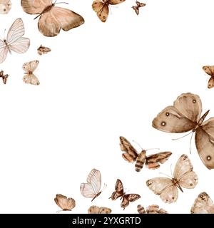 Schmetterlinge sind beige und braune Fliegen und Motten im Vintage-Stil. Handgezeichnete Aquarellillustration. Quadratischer Rahmen, Vorlage auf weißem Hintergrund Stockfoto