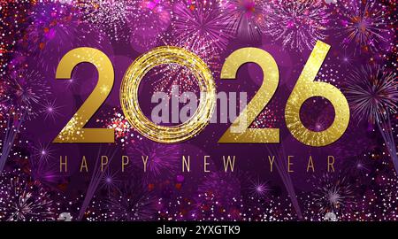 „Happy New Year 2026“-Grußkartendesign mit Feiertagshintergrund und goldener Typografie mit 20 26 glänzenden Grafikelementen. Abstrakter festlicher Hintergrund. Isolat Stock Vektor