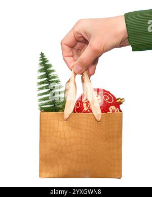 Eine Hand hält eine bunte Geschenktüte, die dekorative Gegenstände wie Ornamente und einen kleinen grünen Baum enthält, bereit für die Feiertage. Stockfoto