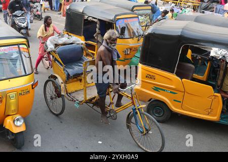 Radeln Sie mit der Rikscha auf der NSC Bose Road im Stadtteil George Town in Chennai, Tamil Nadu, Indien Stockfoto