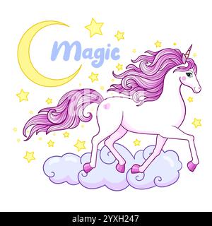 Weißes Einhorn mit rosa Mähne läuft auf Wolken mit Sternen und Mond. Inschrift Magic. Isoliert auf weißem Hintergrund. Für Kinder-Design von Prints, Pos. Stock Vektor