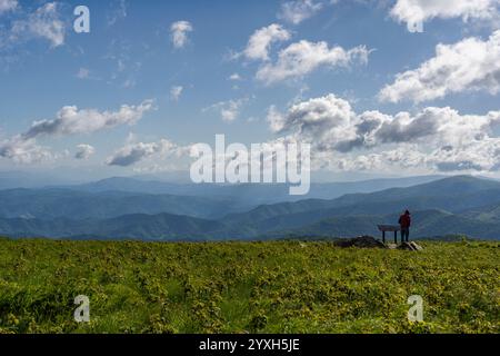 Am frühen Morgen steht ein Mann in einem roten Sweatshirt auf der Spitze des Peak Finder-Schilds und bietet einen Blick auf die Tennessee Mountains. Stockfoto