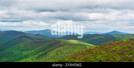 Vom Nordgipfel von Elk Knob in North Carolina aus betrachtet, bedecken Wolken die Appalachen in ein sanftes Licht. Stockfoto