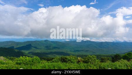 Große weiße Wolken hängen über den mehrschichtigen Gipfeln der Unicoi Mountain Range, vom South Summit of Elk Knob in North Carolina aus gesehen. Stockfoto