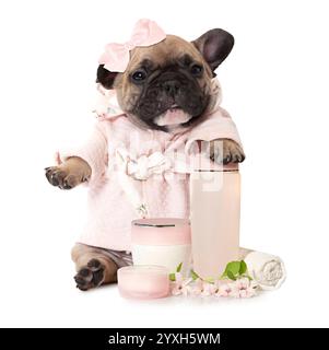 Ein Monat alter französischer Bulldogge-Welpe mit Kosmetikprodukten Stockfoto