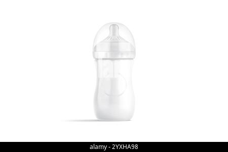 Leeres weißes Modell aus Plastik-Babyflasche, Vorderansicht, 3D-Rendering. Leerer Schnuller mit Sauger zur Säuglingsfütterung, isoliert. Klare kleine Mutter Stockfoto