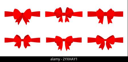 Rote Schleifen an Bändern, flacher Satz. Einfache glänzende, elegante Schlaufen mit Knoten. Festliche Dekorationen in klassischen Formen für Weihnachtsmotive mit verzierten Details, fröhlichem Band und lebendigen Akzenten Stock Vektor