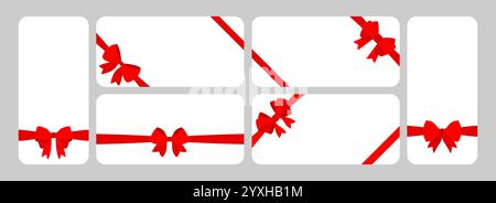 Rote Satinschleifen, die um Bänder gebunden sind. Helle Schlaufen, fließende Schwänze, diagonale und horizontale Platzierungen, Geschenkdekoration lebendige Knoten, festliche Bandakzente, einpackende Weihnachtsdekorationen Stock Vektor