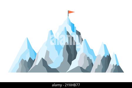 Berggipfel in flachem Stil mit scharfen Kanten, zerklüfteten Formen, verschneiten Hängen und vereisten Graten. Hohe Gipfel mit Gletschern, zerklüfteten Formationen und spitzen Formen. Auf dem Gipfel steigt die Flagge, Höhenmarkierung Stock Vektor