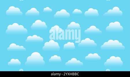 Verlaufswolke in abgewickelter Form festgelegt. Weiße Wolken mit weicher Transparenz und glatten Verläufen. Cumulus-Formen, minimaler Cartoon-Stil, abgerundete Wolkenformen. Wetterschilder, Himmelselemente, atmosphärische Symbole Stock Vektor