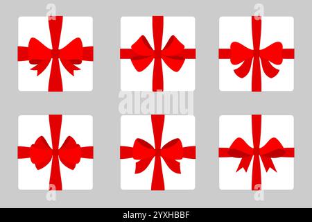 Rote Schleifen gebunden an quadratischen Geschenkboxen, Draufsicht. Hübsche Paketbänder Hochglanzschlaufen überraschen elegante Knoten perfekte Schwänze. Festliches Geschenk umhüllt lebendige Preisdekoration, die ein auffälliges Weihnachtsmotiv verleiht Stock Vektor