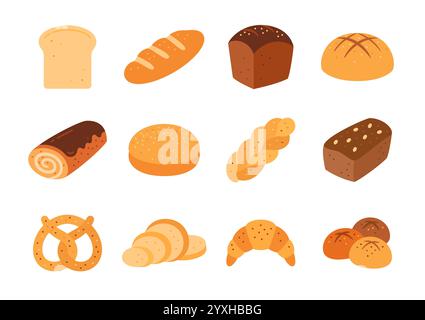 Brotflachset, Bio-Backwaren. Roggen, Weizen, Vollkornbrot, Croissant, Brezel, Bauernhaus braun, weißes Hamburger Brötchen, ganze und in Scheiben geschnittene Backwaren glutenfrei, gebackene weiße Scheibe, süßes Brötchen Stock Vektor
