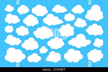 Weiße flauschige Wolken flaches Set. Verschiedene Formen am blauen Himmel. Einfache Wolkenlandschaft in Zeichentrickfilmen, weiche Kanten, minimales Design, Cumulus-Wolkenelemente, leichte natürliche Formen, verspielte, schwebende, saubere und luftige Wettersymbole Stock Vektor