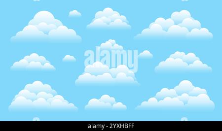 Weiße flauschige Wolkenhaufen am blauen Himmel. Transparente Wolken perfekt für jede Hintergrundfarbe. Leichte, ruhige Atmosphäre weiche, geschwollene Formen, die in klarem, hellem Himmel schweben. Glatte, abgerundete Silhouetten in Cartoons Stock Vektor