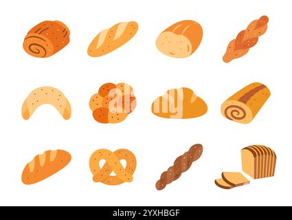 Flaches Symbolset für Brot und Backwaren. Glutenfreie Farmers Gebäck Lebensmittel. Weizenbrot, Pita, Brezel, Ciabatta, Brioche, Challah, weißes Vollkorn-Stück, süßes Brötchen, Roggenscheiben Toast, braune Scheibe Stock Vektor