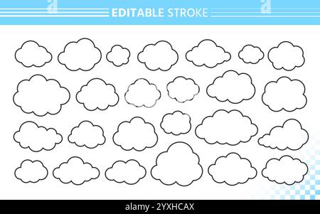 Flauschige Wolken Umrissset. Einfache, handgezeichnete Wolkenformen mit bearbeitbarer schwarzer Strichlinie und weißer Füllung. Luftiges Design mit Cartoon-Doodle, minimalistische Konturkuppel, gerundete und weiche Silhouetten Stock Vektor