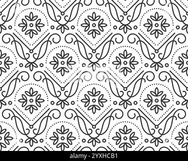 Geometrisches nahtloses Vintage-Muster mit Blumenmotiven und eleganten Wirbeln. Zart verzierte dünne Linie Art Retro Luxus Hintergrund. Sich wiederholende einfarbige, dekorative Farbtöne und feine Designdetails Stock Vektor