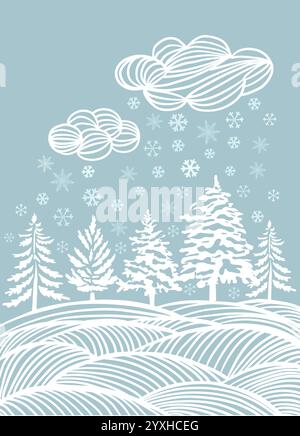 Grafische Schneelandschaft mit Tannen auf dem Feld. Handzeichnung. Nicht AI, Vektorillustrationen. Stock Vektor