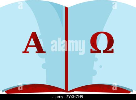 bibel, offenes Buch mit Alpha- und Omega-Zeichen Stock Vektor