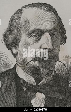 Napoleon III (1808-1873). Präsident der Zweiten Französischen Republik (1848-1852) und späterer Kaiser der Franzosen (1852-1870). Hochformat. Gravur. Historia de la Guerra de Francia y Prusia (Geschichte des Krieges zwischen Frankreich und Preußen). Band I. veröffentlicht in Barcelona, 1870. Stockfoto