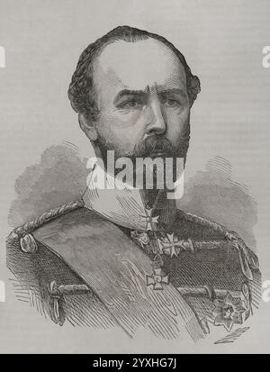 Friedrich Karl (1828-1885). Fürst von Preußen vom Haus Hohenzollern. Hochformat. Kupferstich von París. Historia de la Guerra de Francia y Prusia (Geschichte des Krieges zwischen Frankreich und Preußen). Band I. veröffentlicht in Barcelona, 1870. Stockfoto