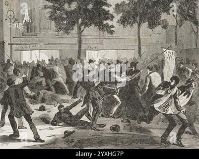 Am 16. Juli 1870 stimmte das französische parlament dafür, Preußen den Krieg zu erklären. Antikriegsdemonstration in Paris, 16. Juli 1870. Gravur. Historia de la Guerra de Francia y Prusia (Geschichte des Krieges zwischen Frankreich und Preußen). Band I. veröffentlicht in Barcelona, 1870. Stockfoto