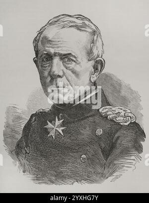 Helmuth von Moltke (Helmuth Karl Bernhard von Moltke) (1800-1891). Preußischer Feldmarschall. Hochformat. Kupferstich von Sadurní. Historia de la Guerra de Francia y Prusia (Geschichte des Krieges zwischen Frankreich und Preußen). Band I. veröffentlicht in Barcelona, 1870. Stockfoto