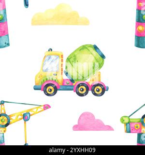 Ein nahtloses Aquarellmuster mit einem grünen Zementmischer mit Wolken und einem Baukran. Dieses Clipart ist perfekt für Kinderkleidung, Schulutensilien und Kinderzimmer-Wanddekoration Stockfoto