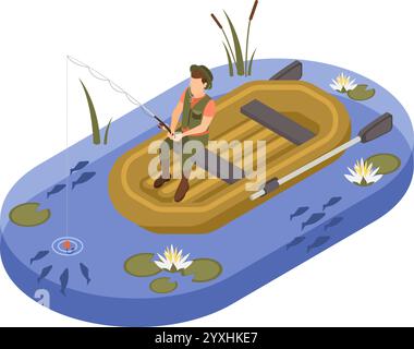 Isometrische Fischerei. Mann sitzt in einem Gummiboot mit rog. In der Natur, männliche Fische im See Fluss oder Teich mit Pflanzen. Hobby makellos Stock Vektor