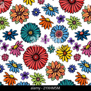 Handgezeichneter Blumendruck, nahtlose Muster mit Blumen und Leoparden für Stoffe, Textilien, Kleidung, Poster, Cover, Banner, Wandbilder, Wohnkultur Stock Vektor