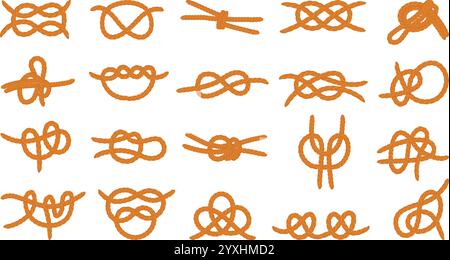 Zeichentrickfilm isolierte Seilknoten. Segeln Boot geflochtene Seile, Lasso aus Seilen. Nautische Elemente, verdrehte Schleifen von Gewinden. Der neoterische Vektor des Meeres Stock Vektor