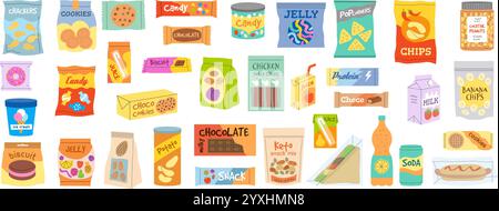 Snacks. Junk Food in Paketen Crisps Süßigkeiten verschiedene kalte Getränke Limonade Schokoladenriegel aktuelle Vektor-Snacks Illustrationen Stock Vektor