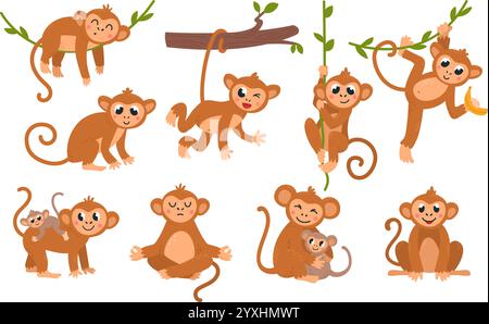 Niedliche Affenfiguren. Cartoon Dschungelaffen auf Liane, Banane halten, mit Baby. Tropische Tiere in verschiedenen Posen, lustiges klassisches Vektorset Stock Vektor