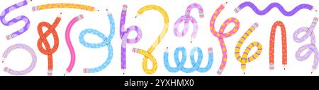 Geschwungene Bleistifte. Lustiges, flexibles Bleistiftdesign. Gedrehtes, gefaltetes grafisches Schreibwaren mit Knoten. Kreatives Schulkunstmaterial, rassige Vektorelemente Stock Vektor