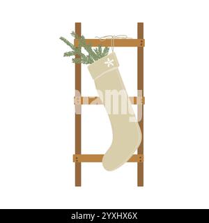 Rustikaler Weihnachtsstrumpf mit Grün, der an einer Holzleiter hängt. Eine gemütliche und minimalistische Weihnachtsstimmung. Vektorabbildung. Stock Vektor