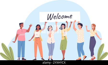 Willkommen im Mitarbeiterteam. Unternehmen oder Studenten Team begrüßt neue Mitglieder Mitarbeiter mit Hello Banner Overhead, Job Einstellung Konzept Leute umarmen Personal Gruppe Vektor Illustration Original Kunstwerk Stock Vektor