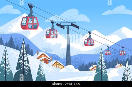 Skiseilbahn. Winter verschneite Bergstation Seilbahn in der schweiz österreich Landschaft, Skifahrer Track Snowboard Lift alpen Urlaub Outdoor Szene, klassische Vektor Illustration Original Kunstwerk Stock Vektor