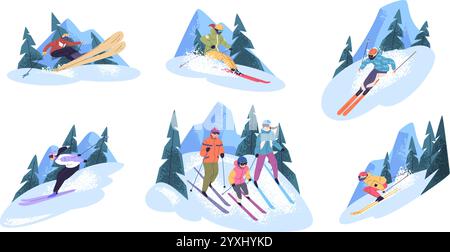 Skifahrer Set. Menschen Ski Freestyle Wintersport, Familie Ski Freeride extreme Geschwindigkeit Slalom Downhill Schnee Berg Piste Skier Fahrer Action Jump Posen, klassische Vektor Illustration Original Kunstwerk Stock Vektor