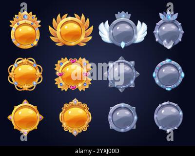 Spielmedaillenrahmen. Runde Metallknöpfe, Benutzer Avatar Level Up Rang Abzeichen Gold Silber Kreis Platte ui rpg Gaming Assets mobile App mittelalterliche Set Cartoon Swanky Vektor Illustration Original Artwork Stock Vektor