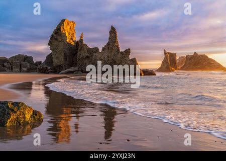 Das Golden Hour Licht umrandet das Castle und der Wizard's hat Felsenmeer stapelt sich in warmem Licht, das sich auf dem nassen Sand am Bandon Beach, Orego, spiegelt Stockfoto