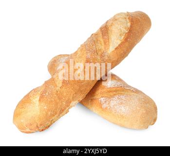 Zwei frisch gebackene Baguettes, isoliert auf weiß Stockfoto