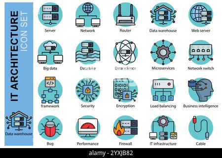 Symbolgruppe IT-Architektur. Symbolstil für farbige Umrisse. Zugehörige Symbole. Server, IT-Infrastruktur, Data Warehouse und vieles mehr. Technologieelement Vect Stock Vektor