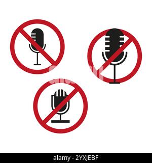 Mikrofon verboten. Kein Tonsymbol. Rote Kreisbegrenzung. Schwarzer Mikrofonvektor. Stock Vektor
