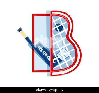 Zeichentrickbuchstabe b mit Eishockeyschläger, Puck und Netz für lustige Kinder. Vektor Sport Schriftart, Schriftart, lustige Schrift, Englisch al Stock Vektor