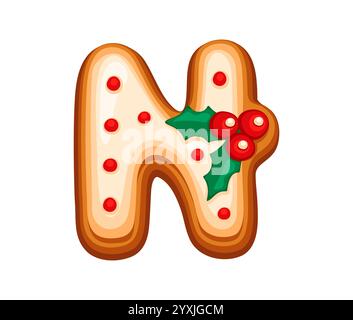 Weihnachtskeks mit dem Buchstaben N mit festlicher Dekoration mit stechpalmenblättern und Beeren. Cartoon Vektor festliche Schrift, Weihnachtsschrift, neue Ja Stock Vektor