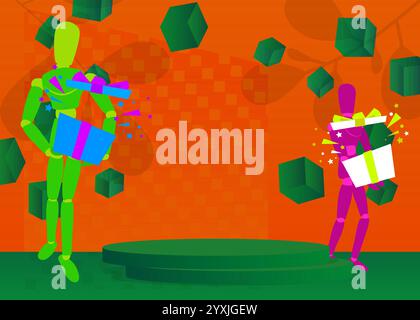 Modell-Produktanzeige mit Holzpuppe, die Geschenkbox hält. Podium des Vektorzylinders. Bühnenvorführung für Präsentation. Minimale geometrische Formen. Stock Vektor