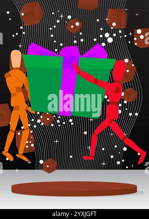 Modell-Produktanzeige mit Holzpuppe, die Geschenkbox hält. Podium des Vektorzylinders. Bühnenvorführung für Präsentation. Minimale geometrische Formen. Stock Vektor