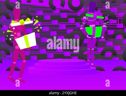 Modell-Produktanzeige mit Holzpuppe, die Geschenkbox hält. Podium des Vektorzylinders. Bühnenvorführung für Präsentation. Minimale geometrische Formen. Stock Vektor