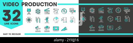 Film- und Videoproduktionslinien-Ikonen von Kinounterhaltungsmedien, Vektorpiktogrammen. Kinematographie Fernsehen und Videoproduktion Ikonen des Films c Stock Vektor